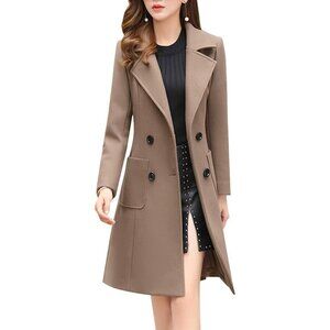 Women's Khaki Elegant Notched Collar Double Breasted Wool Blend Over Coat